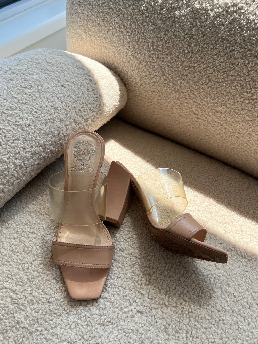 Vince Camuto Clear Strap Block Heel Sandals in Nude